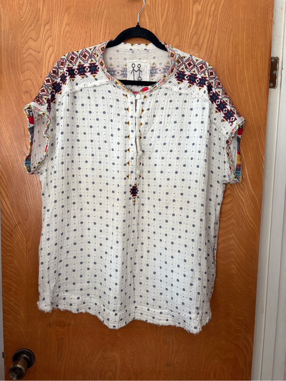 Rare! Johnny Was oversized Cream Gauze Tunic with Multicolor Embroidered Yoke M